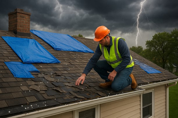 Roofing contractor inspecting hurricane wind damage and emergency tarps on a Myrtle Beach home