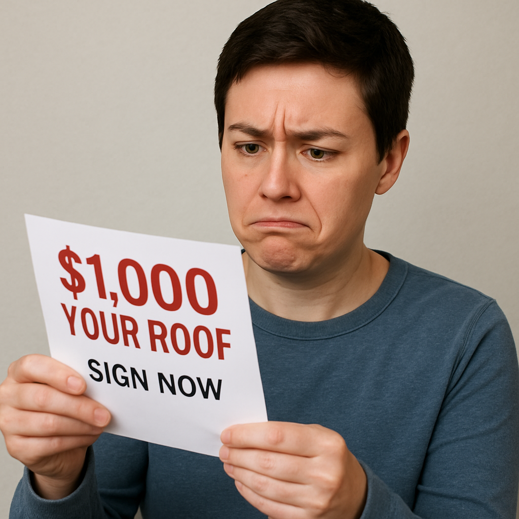 homeowner looking at a piece of mail offering $1,000 off a roof replacement