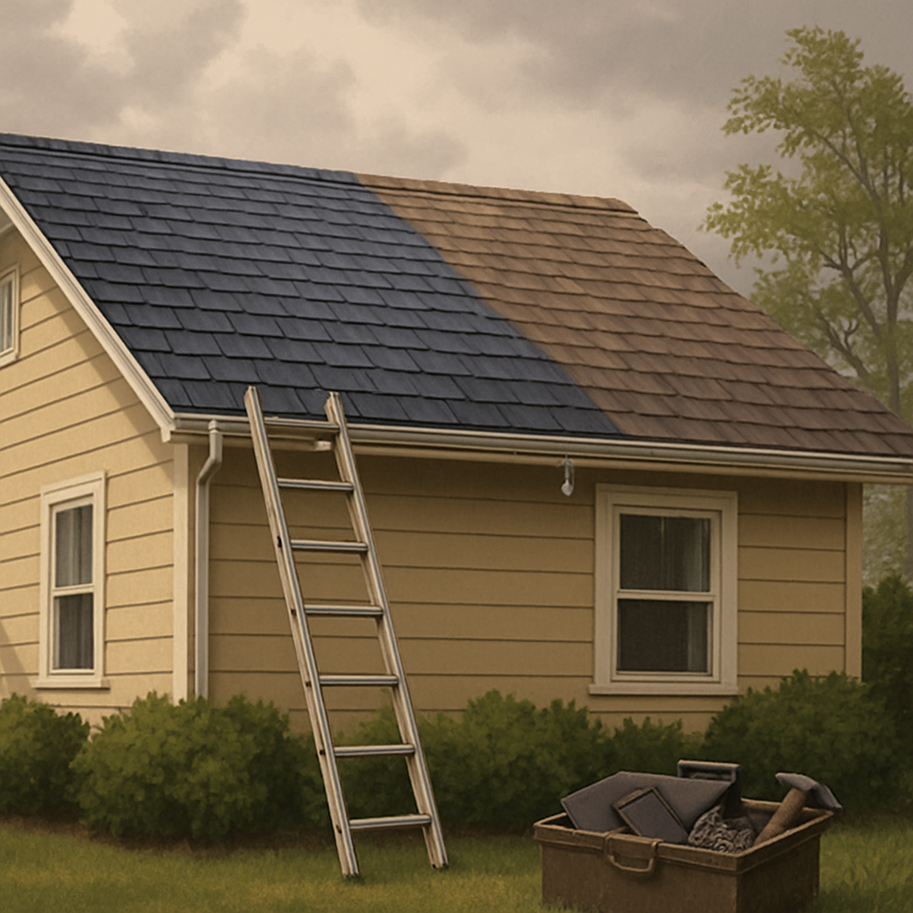 Roof with a partial roof repair made