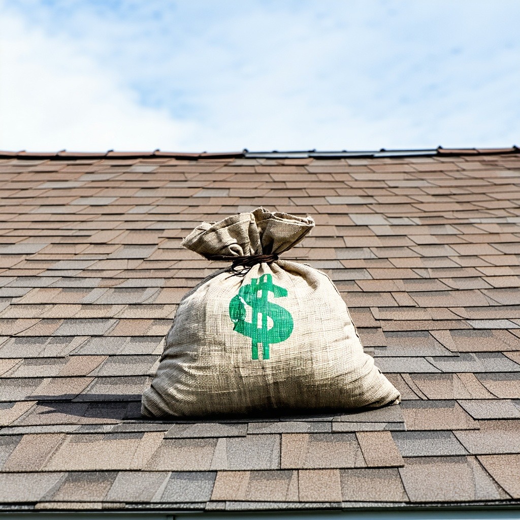 shingle roof with a bag of money