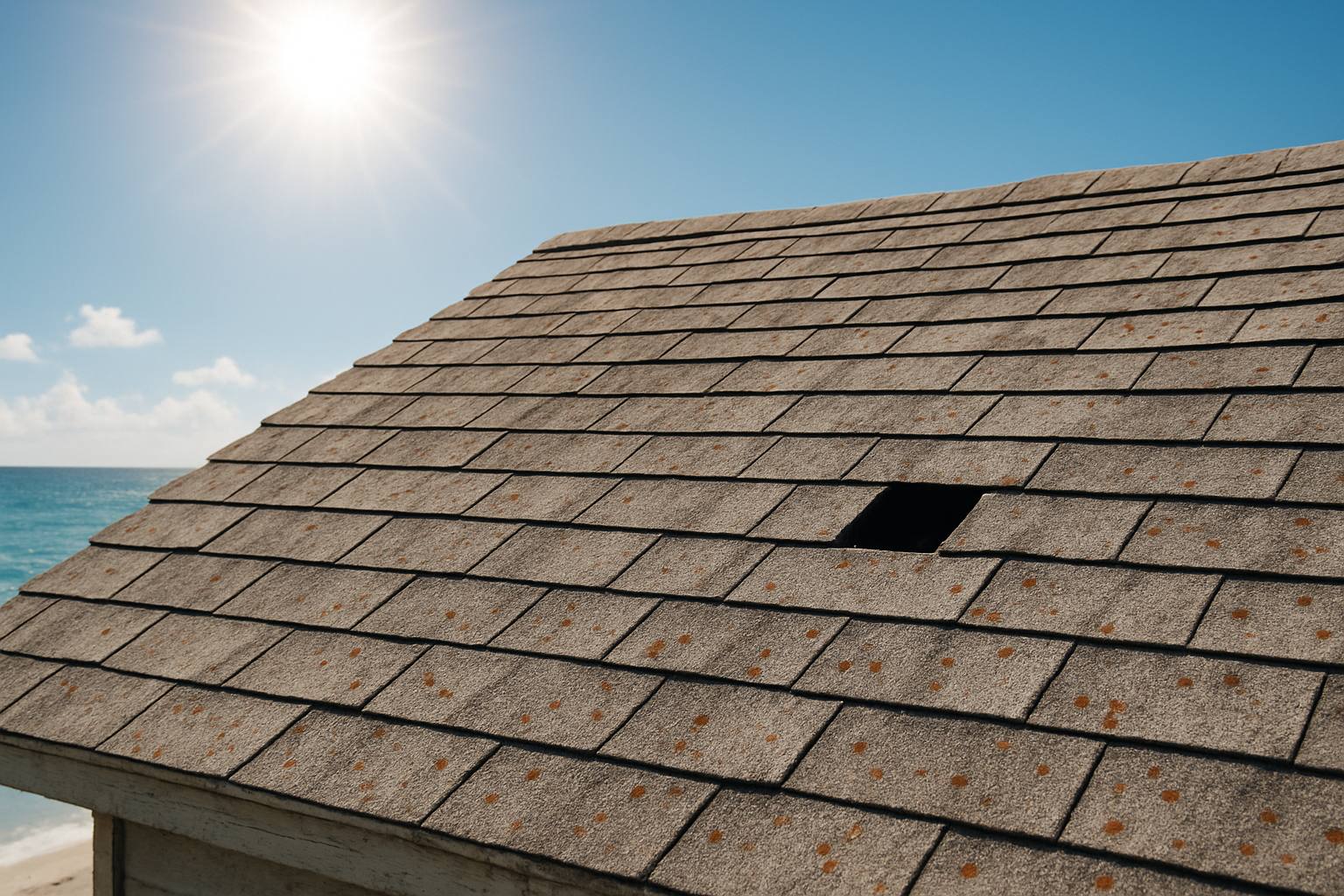 roof damaged by heat, humidity, and salt air in a coastal location