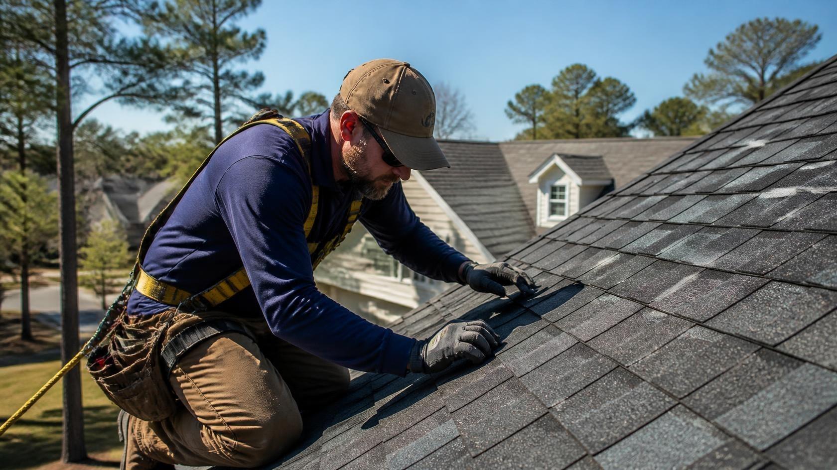 Roofer in a safety harness fastening asphalt shingles on a residential roof