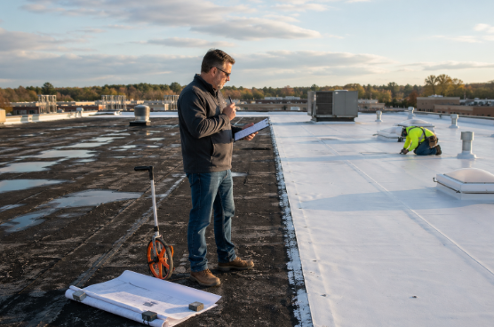 roofing customer inspecting pricing options