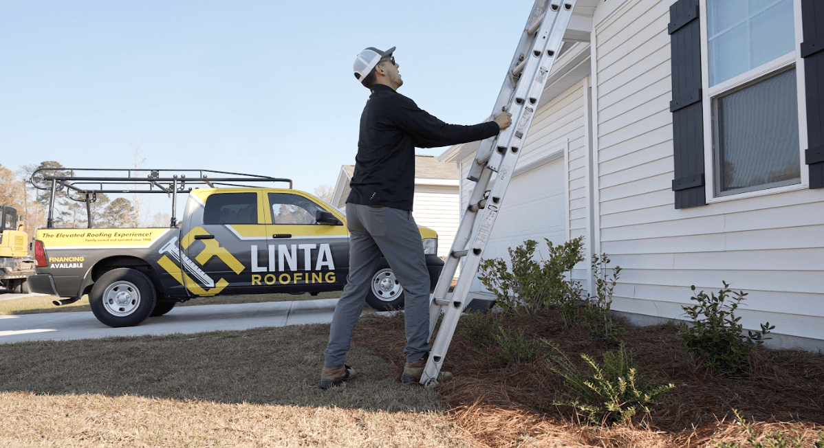 roof inspection photo with ladder 