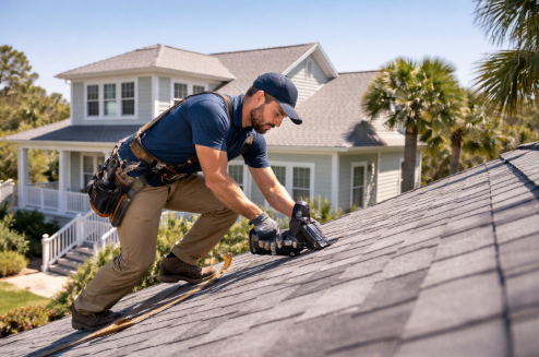 licensed and insured roofing contractor inspecting roof
