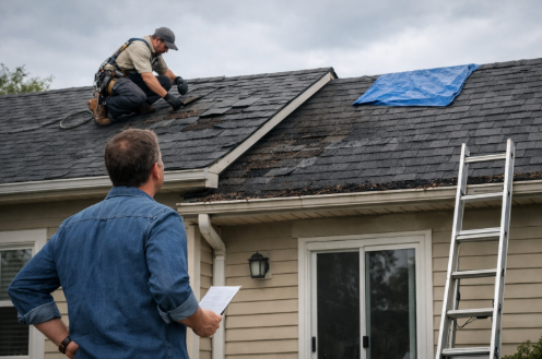 roofers inspecting house for roof replacement
