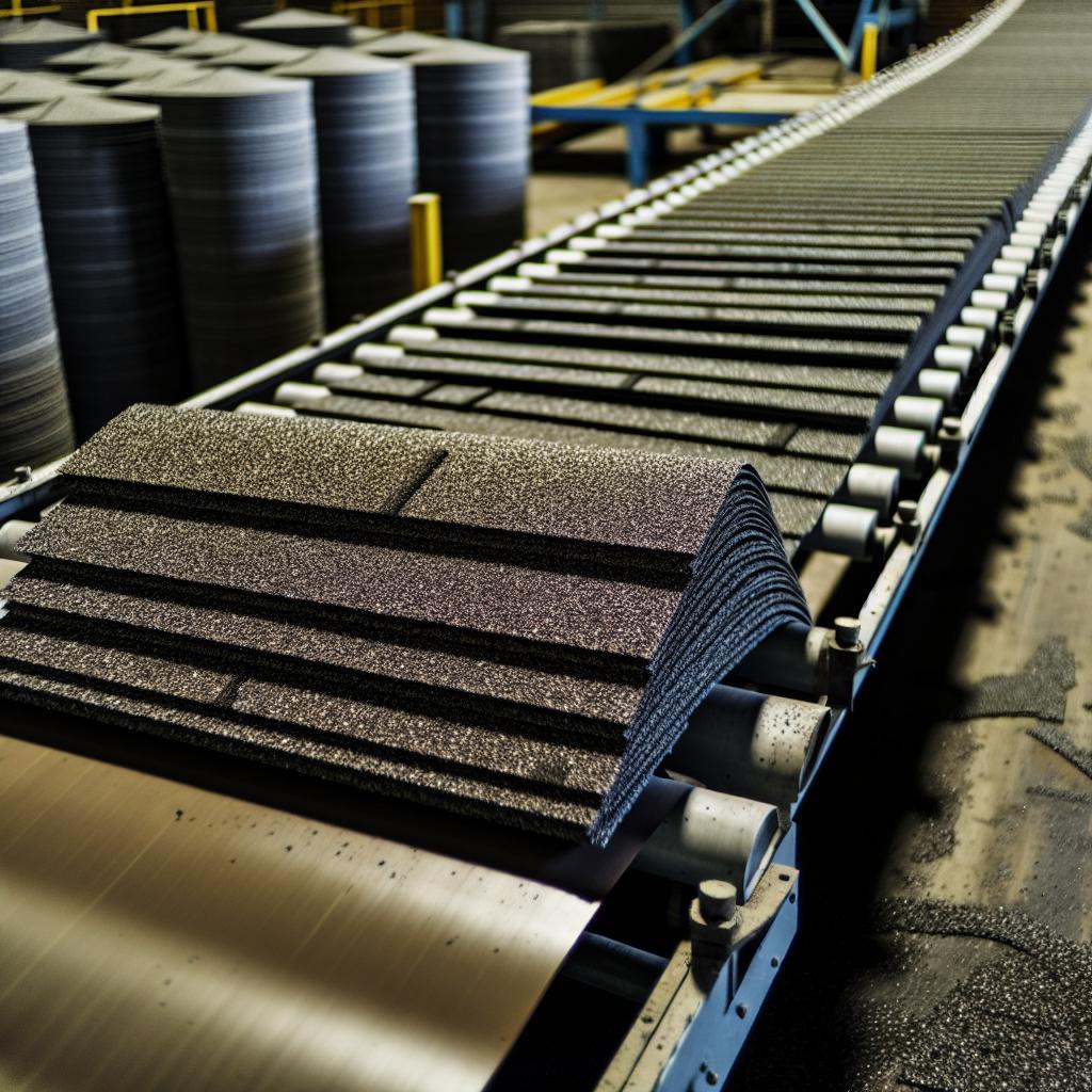 Roof shingles on a conveyor belt at the manufacturer