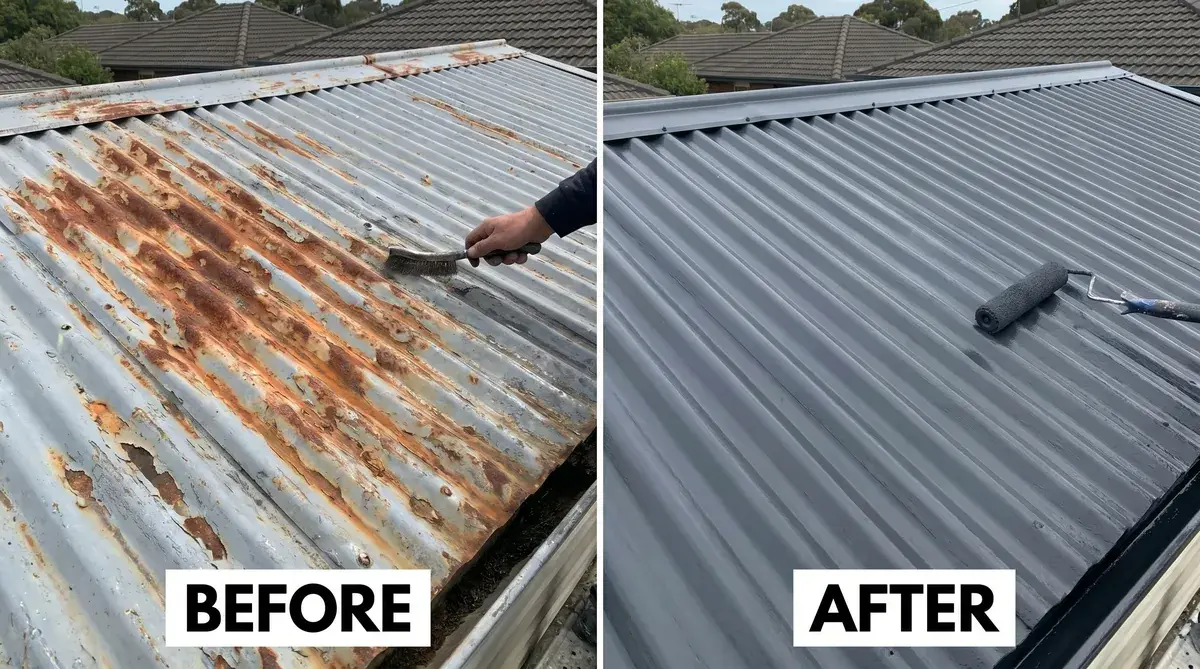 Before and after comparison of metal roof section showing rust removal and recoating