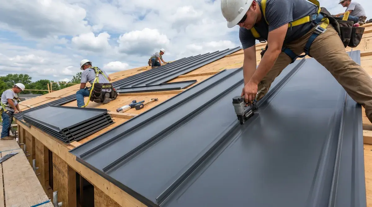 standing seam metal roof installation showing interlocking panels