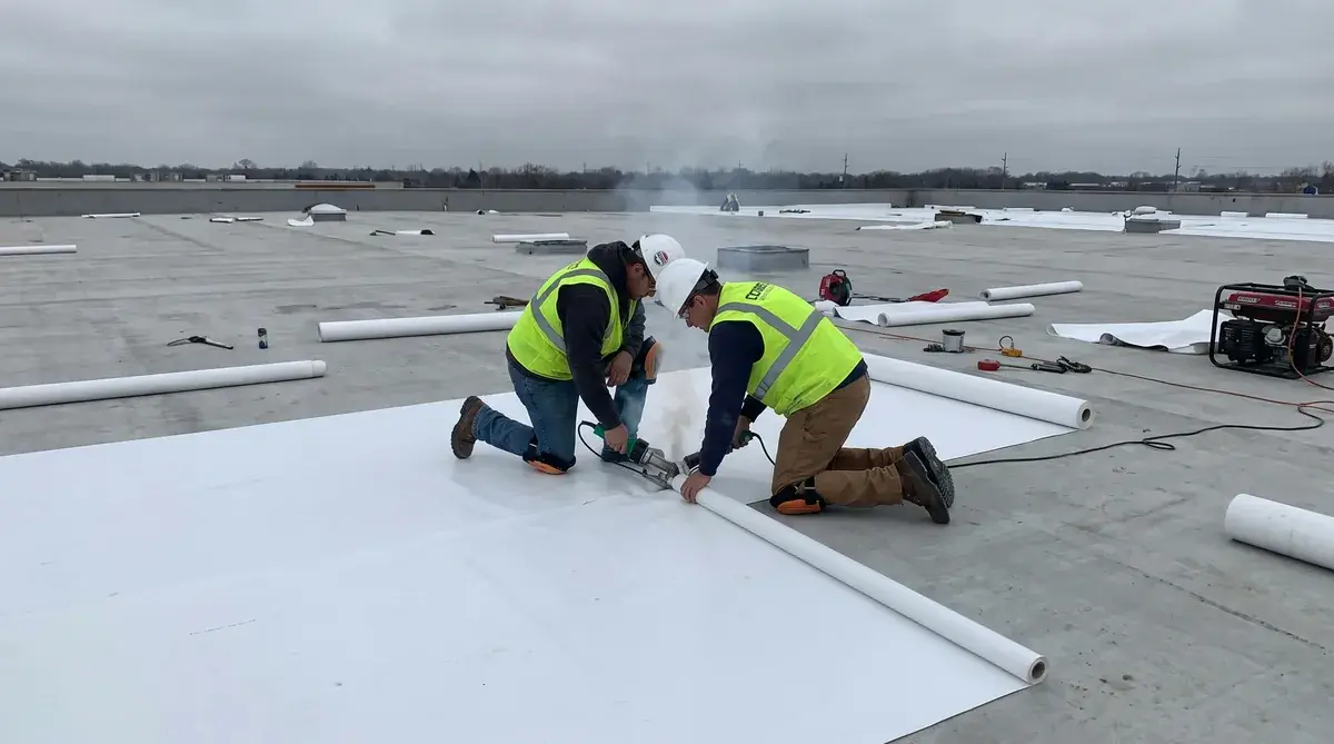 TPO white membrane being heat-welded during installation