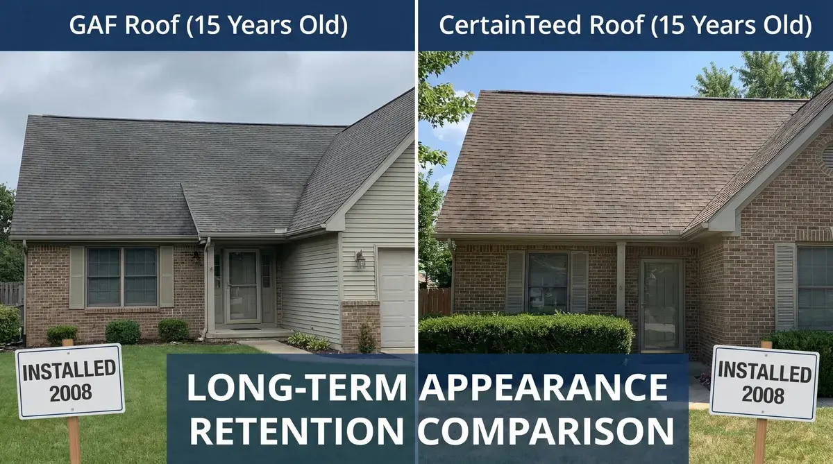 Before and after comparison showing 15-year-old GAF and CertainTeed roofs demonstrating long-term appearance retention