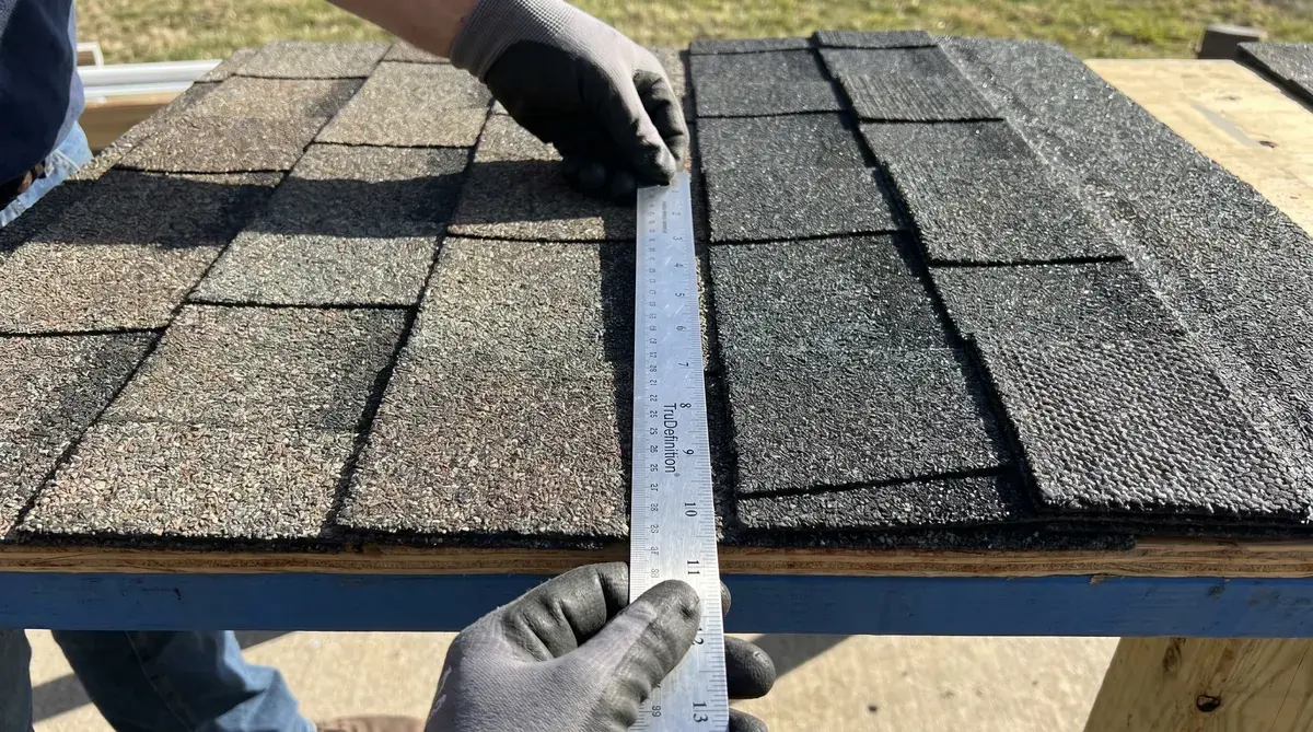 Close-up comparison showing CertainTeed Landmark and Owens Corning Duration shingles highlighting texture and dimensional differences
