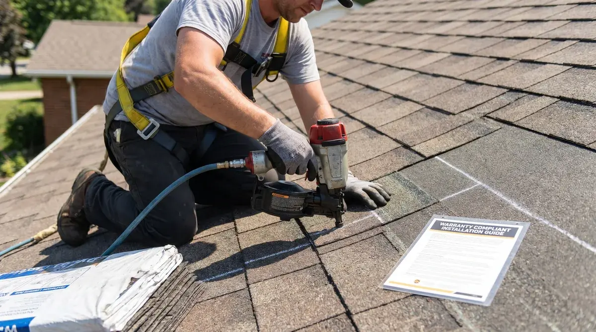 Professional roofer installing shingles with focus on proper nailing technique and warranty compliance