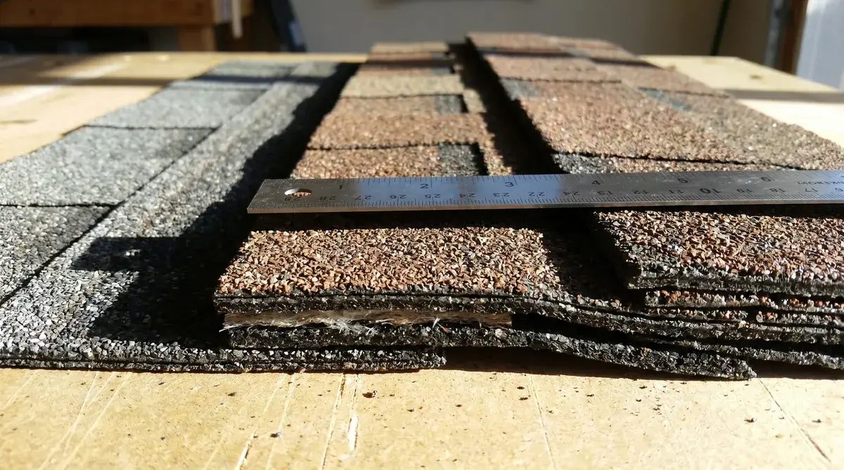 Close-up comparison of three composition shingle types showing thickness differences