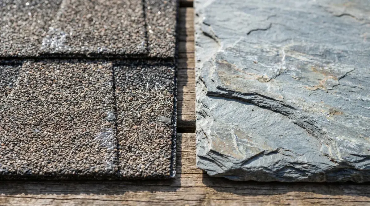 Close-up comparison showing composite shingle texture next to natural slate