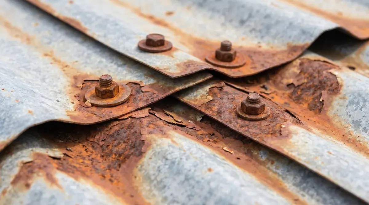Close-up of rusted fasteners and seams on metal roof panels