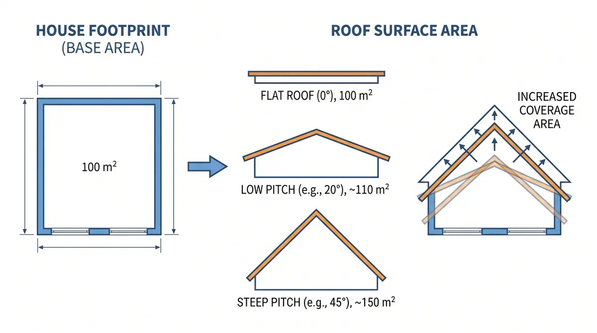 Comparison diagram showing house footprint versus actual roof area with pitch