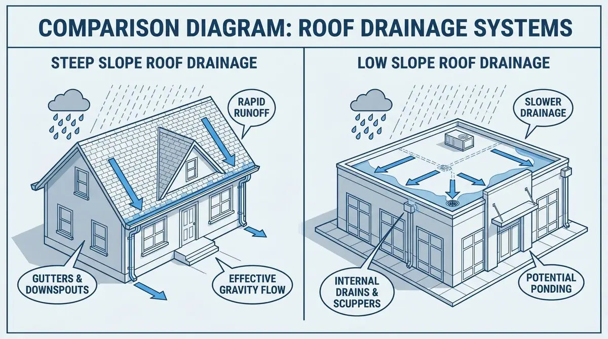 comparison diagram showing steep slope vs low slope roof drainage