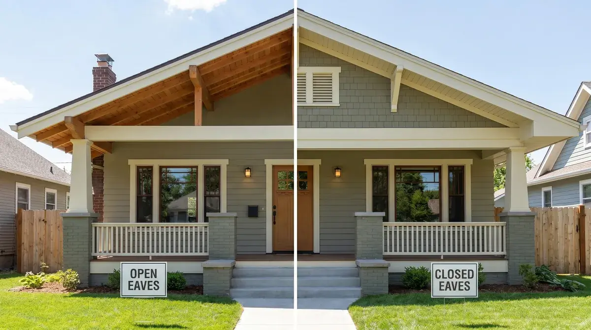 comparison photo showing open versus closed eaves on similar homes
