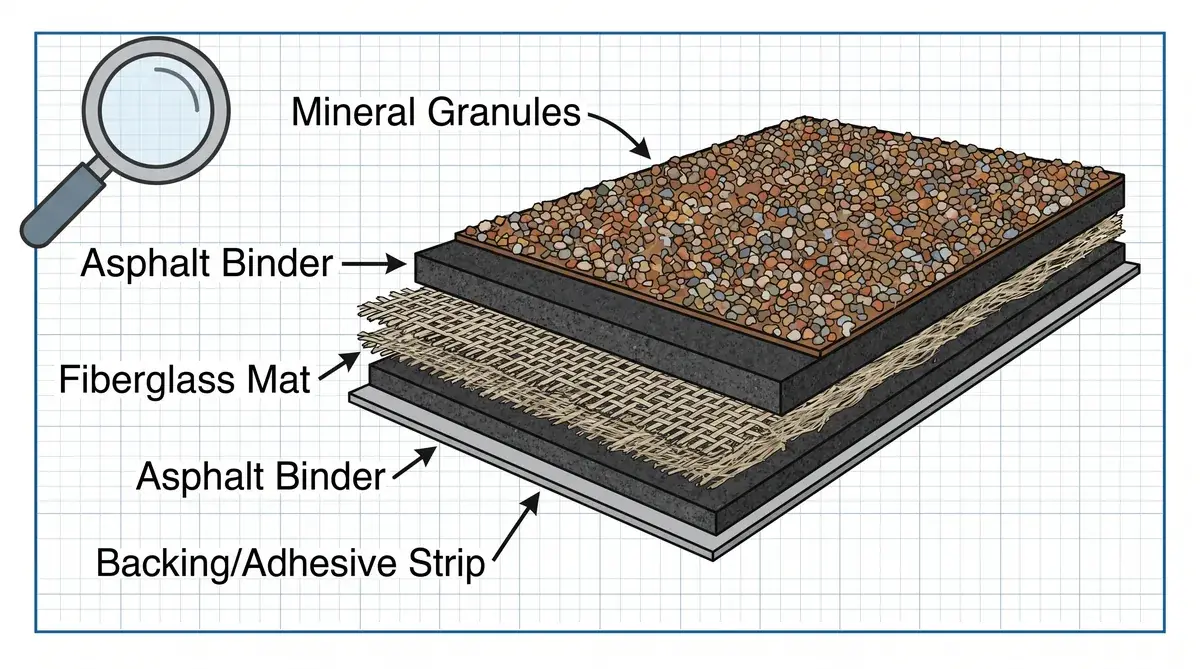 Cross-section diagram showing layers of composite shingle with labels for fiberglass mat, asphalt binder, and mineral granules