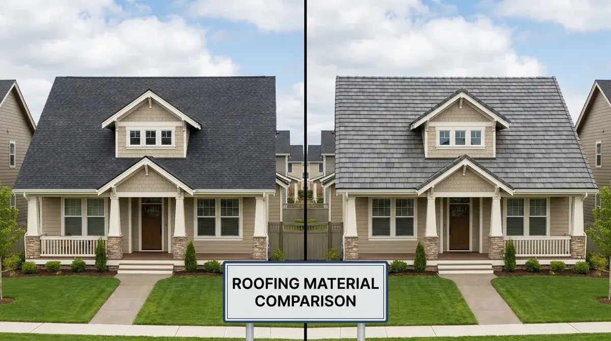 side by side homes showing asphalt vs composite roof aesthetics
