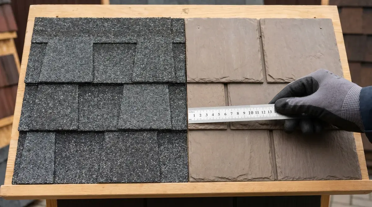 close up comparison architectural asphalt vs composite shingles