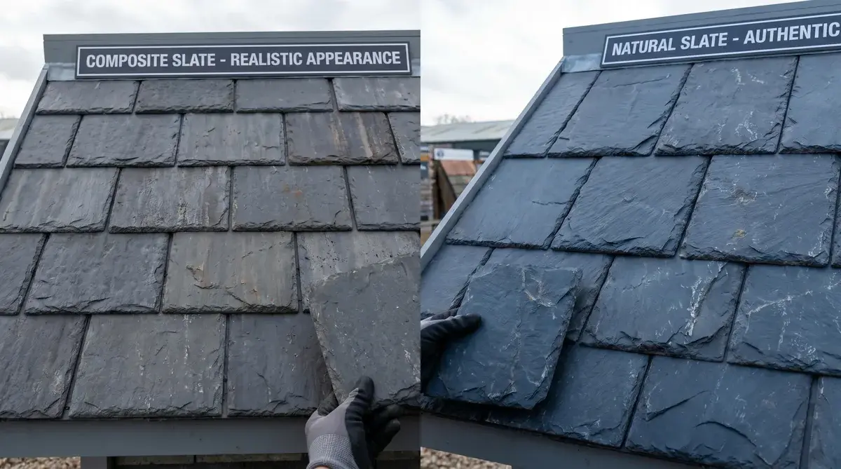 Side-by-side comparison showing composite slate shingles next to natural slate demonstrating realistic appearance