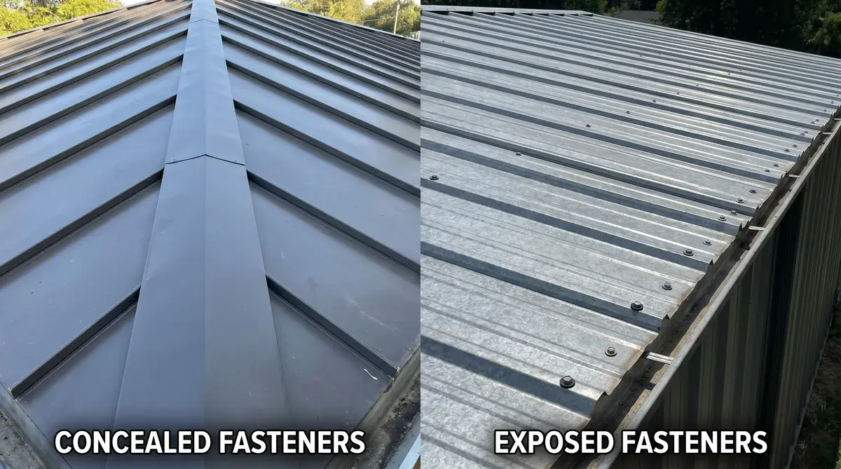 Side by side comparison showing concealed fasteners vs exposed fasteners on metal roofing