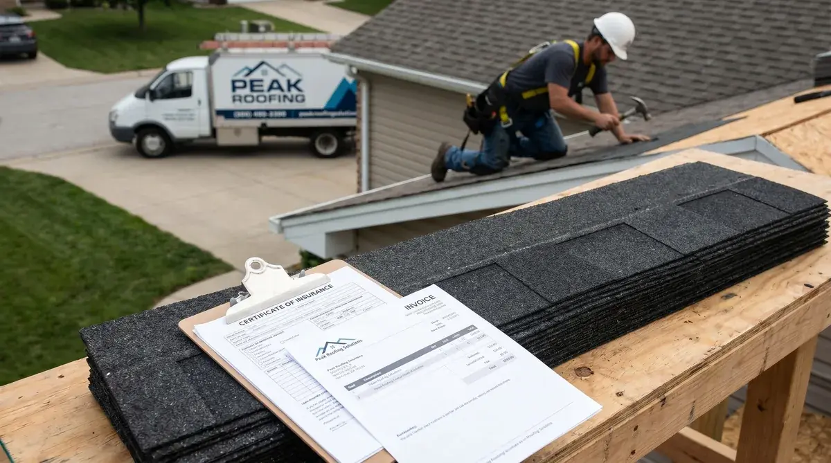 contractor installing new roof shingles with insurance paperwork and invoice visible in foreground