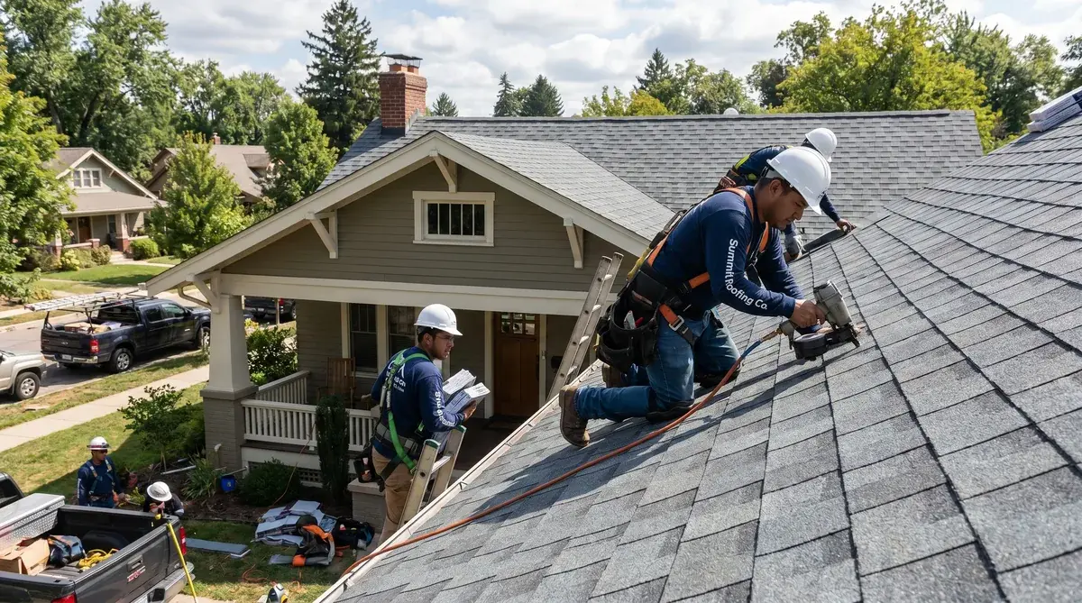 Professional roofing contractor installing architectural shingles on residential home
