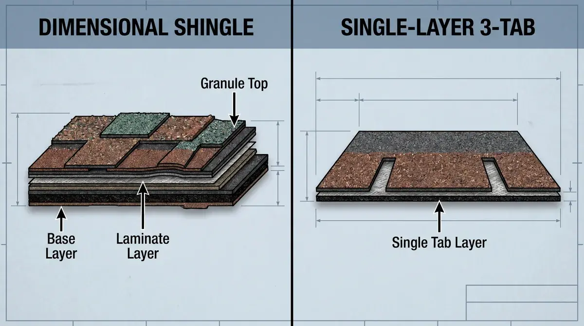 Cross section comparison showing dimensional shingle layers versus single layer 3-tab