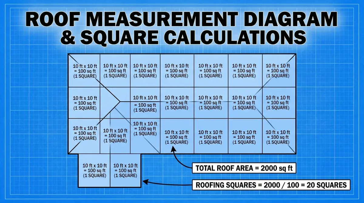 Diagram showing roof divided into squares with measurements labeled