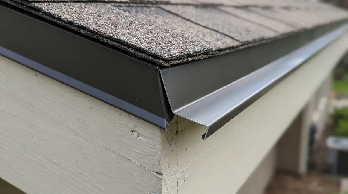 close-up photo of properly installed drip edge at roof eave showing metal flashing extending over fascia board