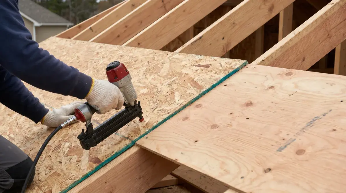 Close-up view of roof decking installation showing OSB and plywood options