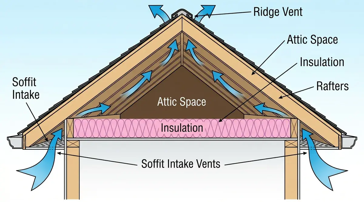 Roof ventilation system showing ridge vents and soffit intake configuration
