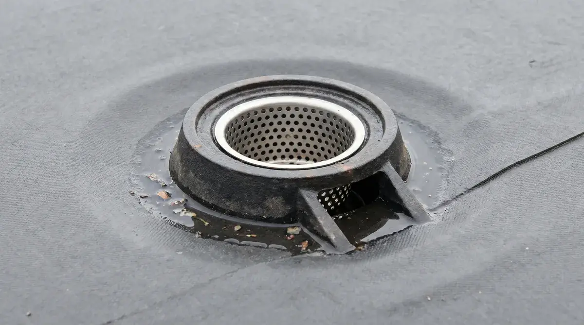 Close-up view of flat roof drainage system showing drain with strainer and proper slope