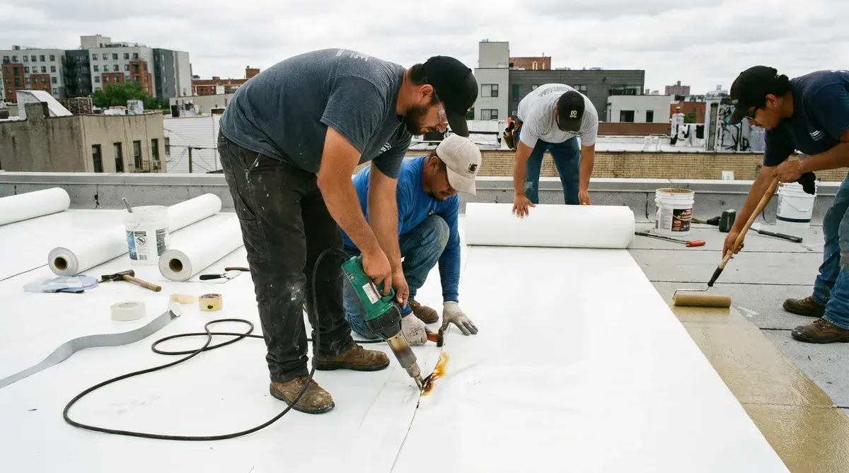 Detailed view of flat roof membrane installation showing workers applying TPO membrane