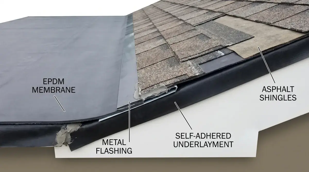 proper flat roof to shingle transition with membrane underlayment