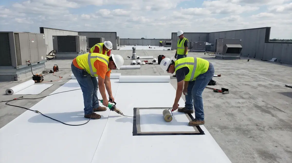 flat roof installation showing TPO membrane being installed with proper seaming techniques