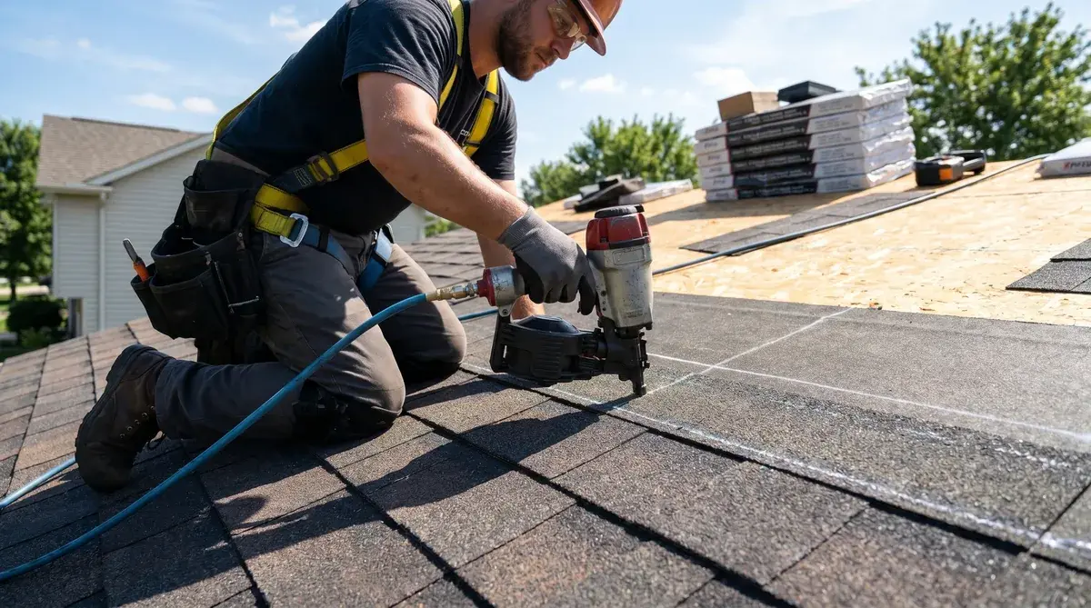 professional roofer installing architectural shingles showing proper nailing technique