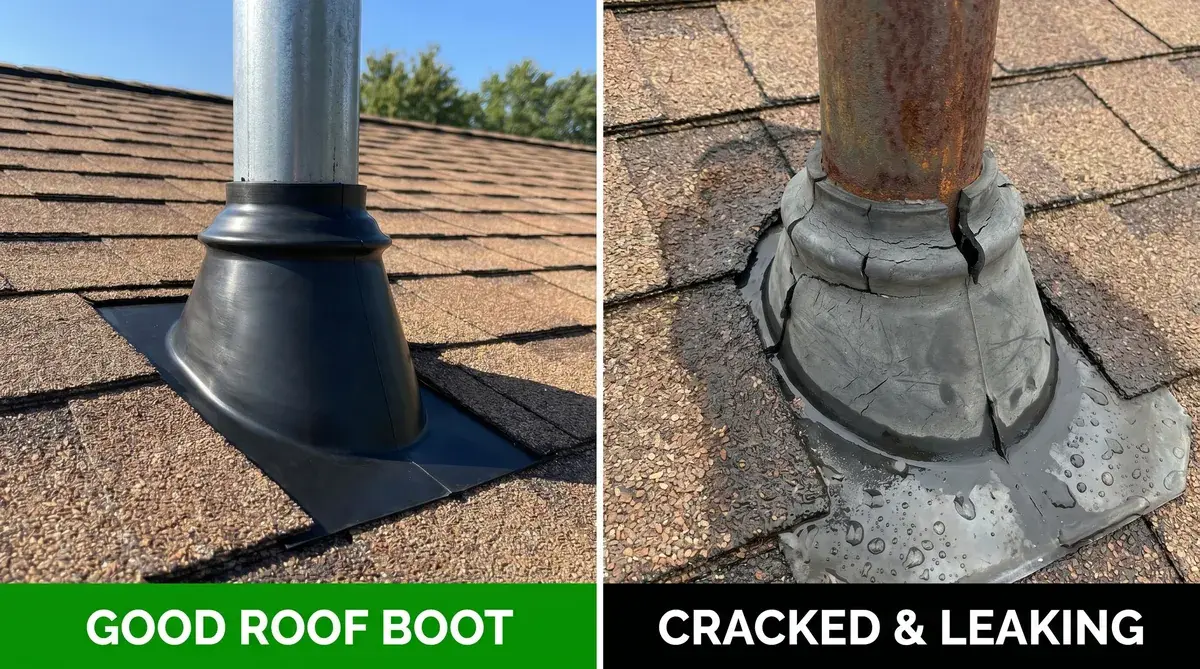 Comparison of good roof boot versus cracked leaking boot