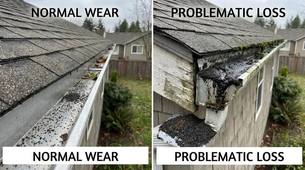 side-by-side comparison showing gutters with normal light granule deposits versus gutters with heavy granule accumulation indicating problematic loss