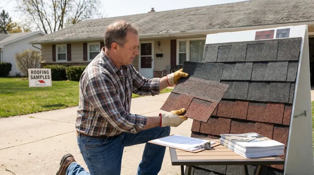 homeowner examining different shingle samples