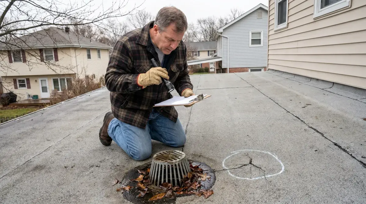Homeowner inspecting flat roof drains and checking for damage
