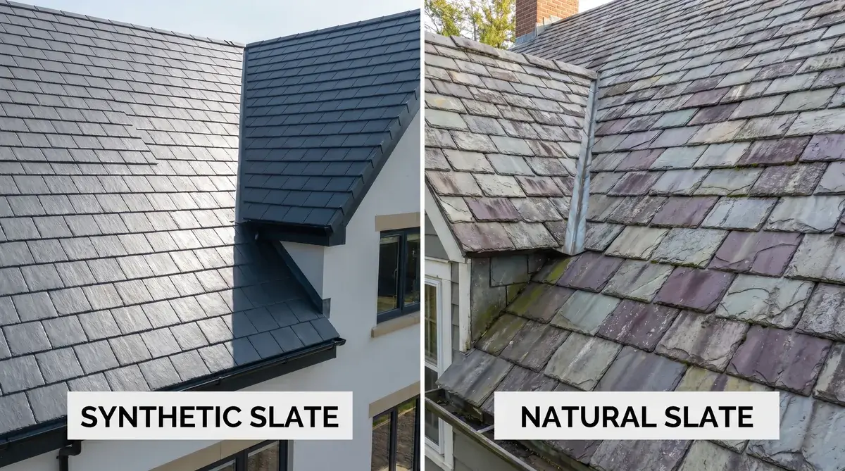 side by side comparison of synthetic vs natural slate roofing
