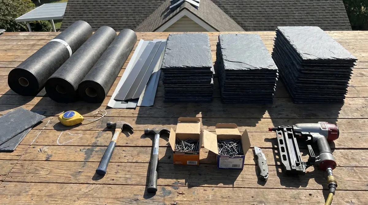 synthetic slate materials and tools laid out for installation