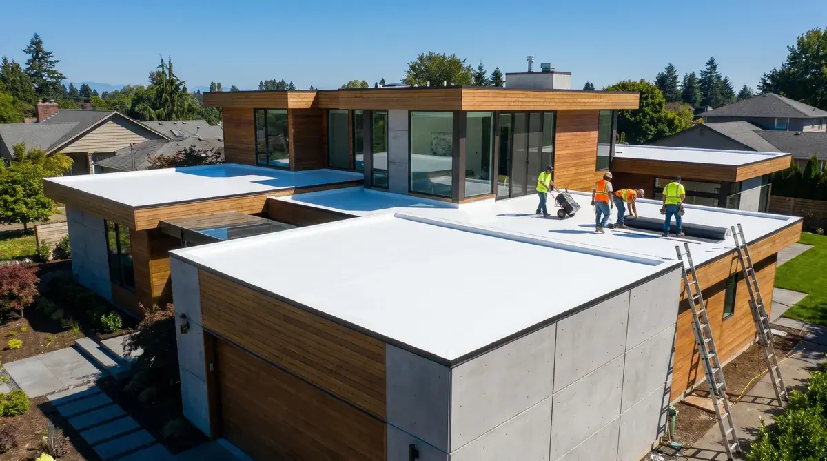 Completed white TPO roof installation on modern residential home with flat sections