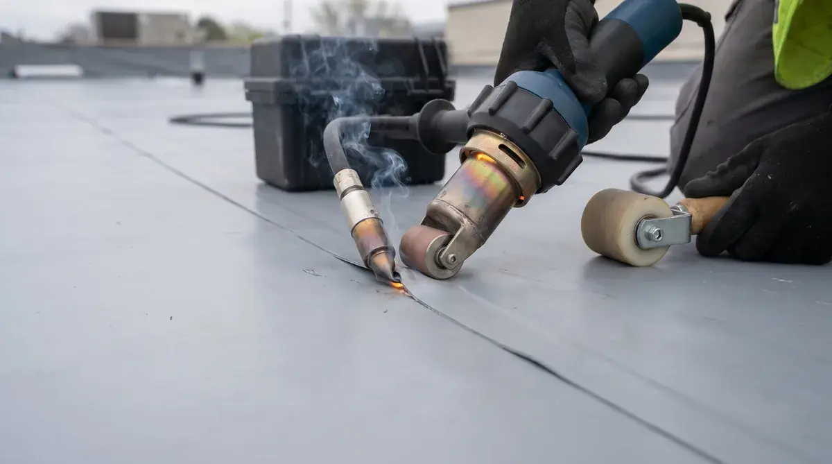 Close-up of TPO membrane being heat-welded at seams during installation