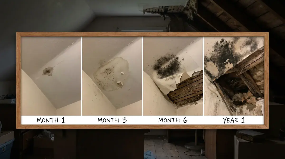 Roof leak damage timeline showing mold growth and structural damage