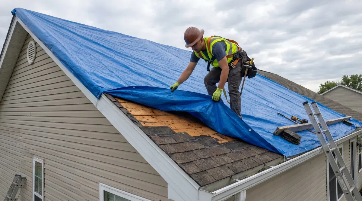 Professional roofer emergency tarp installation with safety equipment